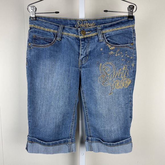 Vintage‎ Y2K Southpole Denim Jean Shorts Gold Logo Flap Pockets Juniors Size 5 - Picture 1 of 9